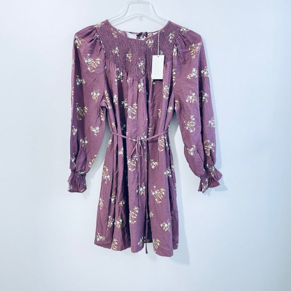 A New Day Women's Long Sleeve Tent Mini Dress Purple Floral Print Belted Small - Picture 4 of 13